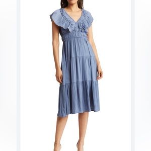 Tahari Dusty Blue Airflow Ruffled Midi Dress